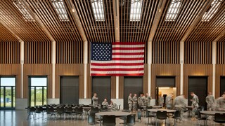 OMD, Colonel Nesmith Readiness Center grand hall, ballroom, lounge with American flag