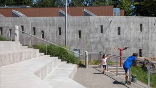 Oregon Zoo Elephant Lands viewing area with two kids