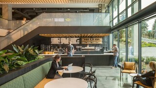 One Esterra entrance, cafe, and waiting area