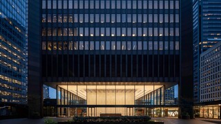 Safeco Plaza entrance exterior at night, street view