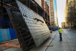 A single module before it is flown into place via crane