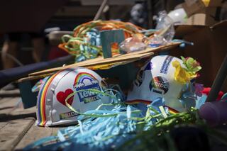 Pride Parade decorated helmets