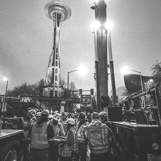 222 Fifth black and white crane and space needle