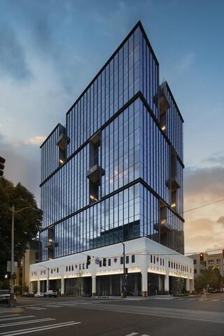 400 Westlake exterior view in sunset