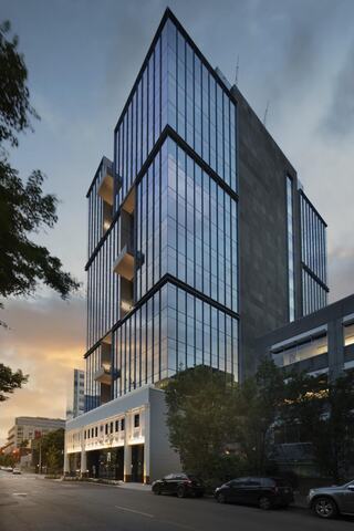 400 Westlake exterior view in sunset