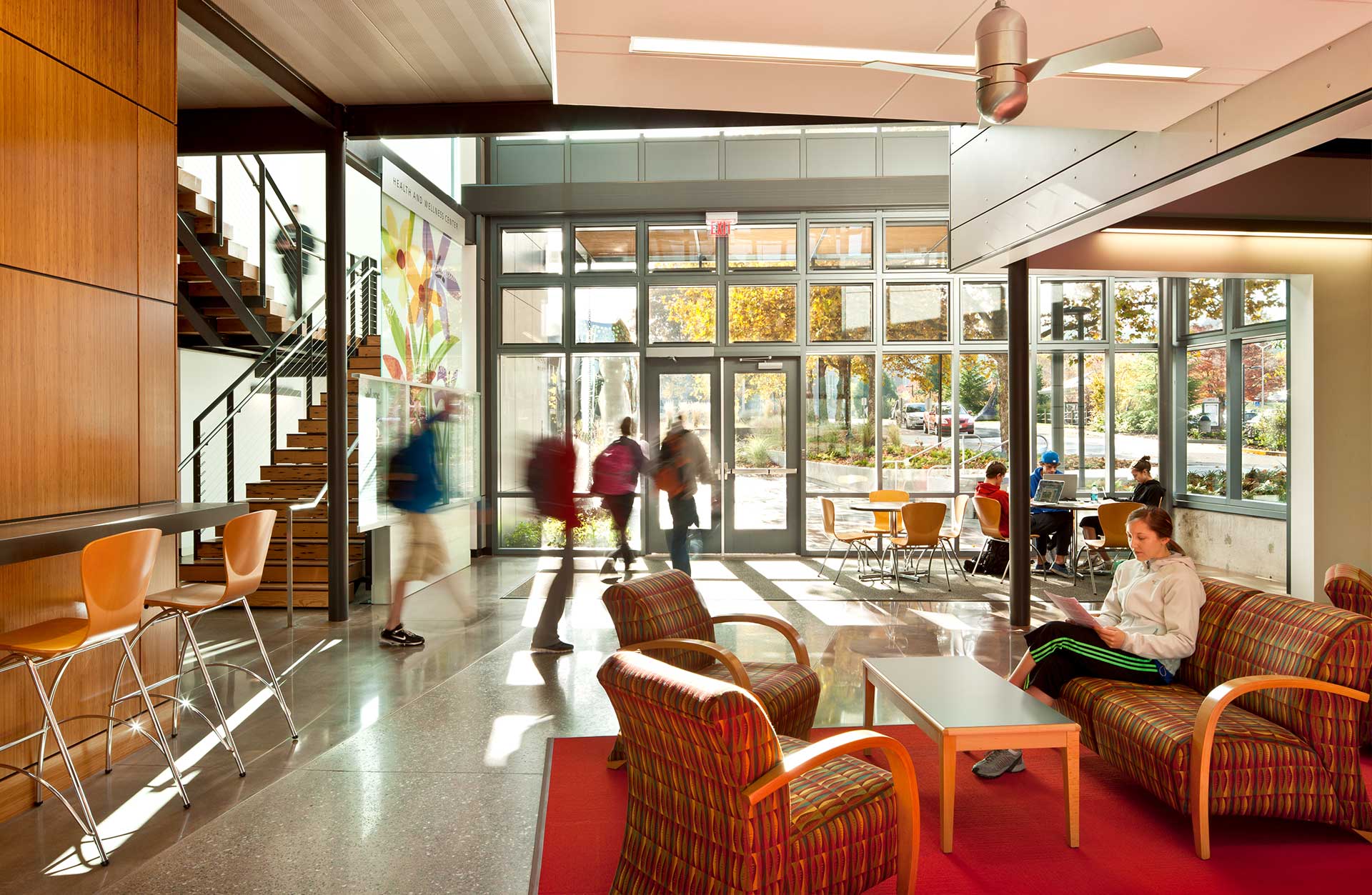 Lane Community College Health and Wellness Building lobby with students