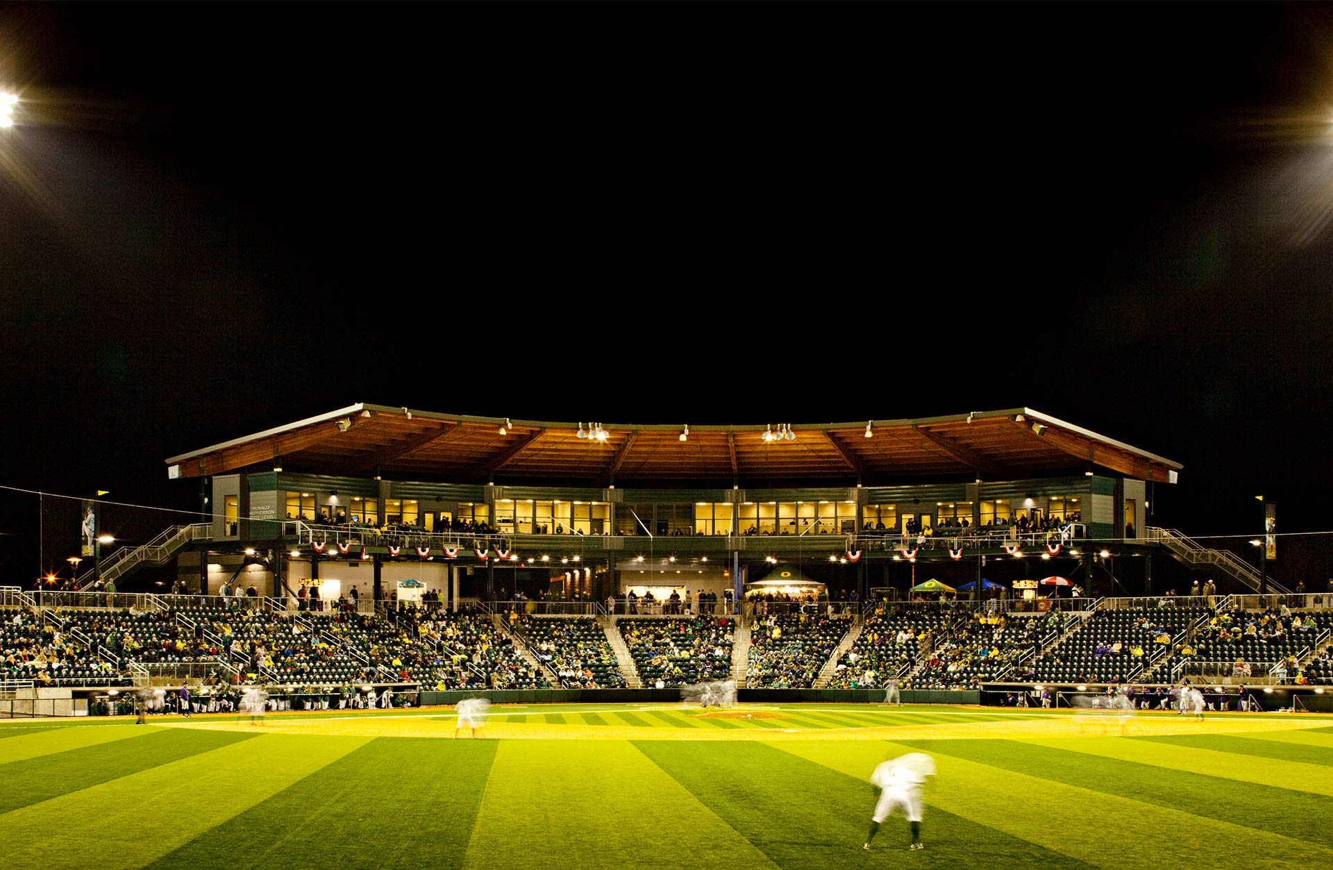 University of Oregon PK park baseball field at night with crowd