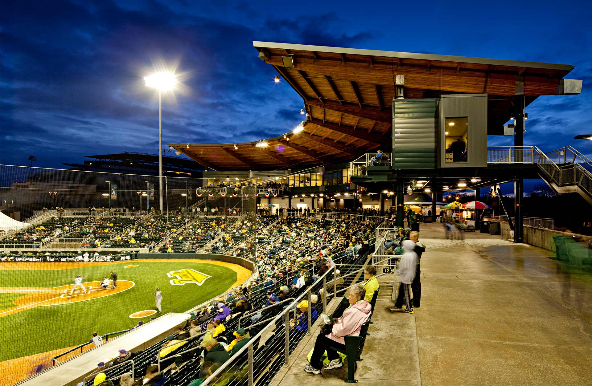 University of Oregon PK park baseball field at night with crowd