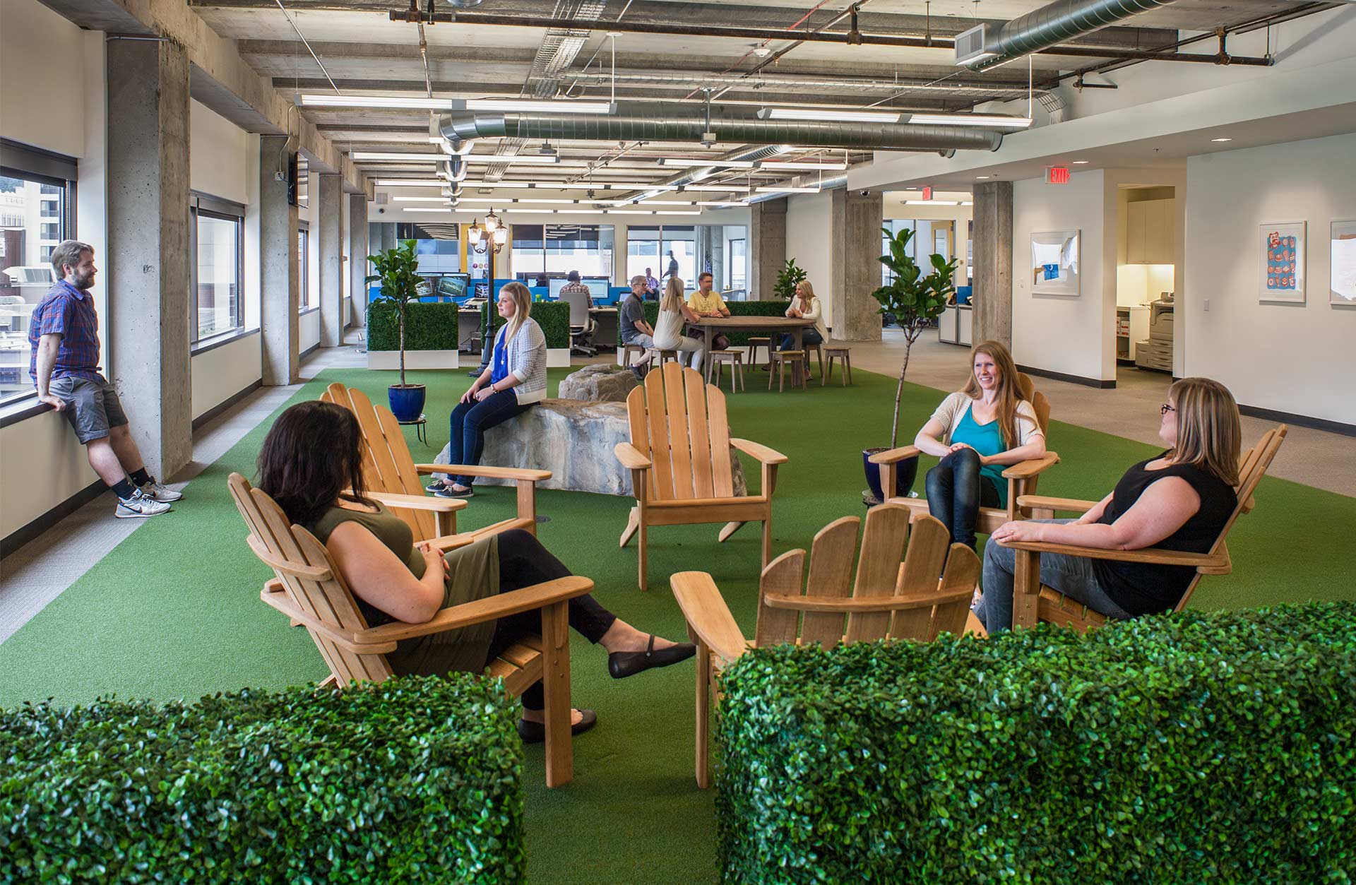 Smarsh office interior seating area with grass and lawn chairs