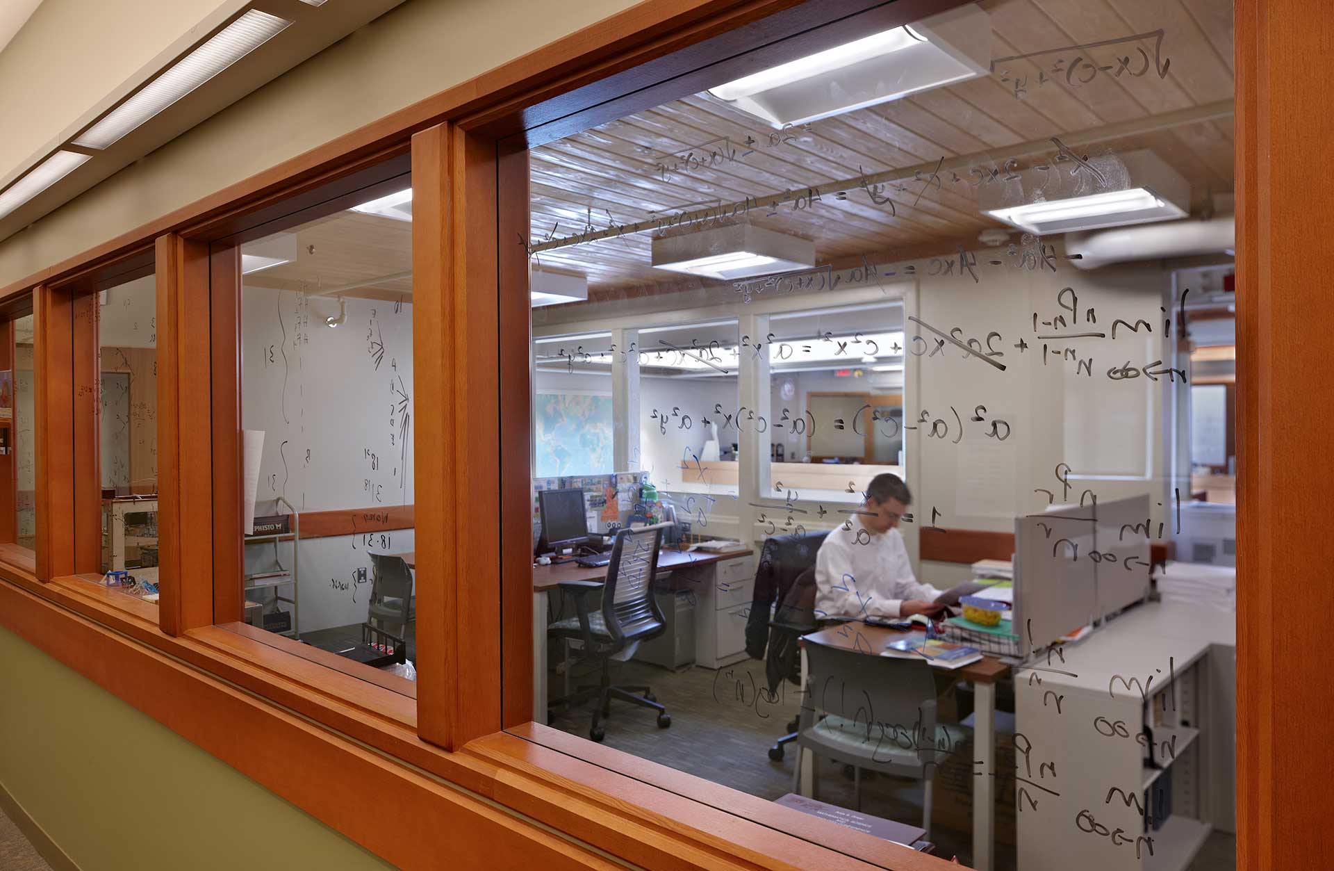 Lakeside School Allen Athletics Center office with equations written on window