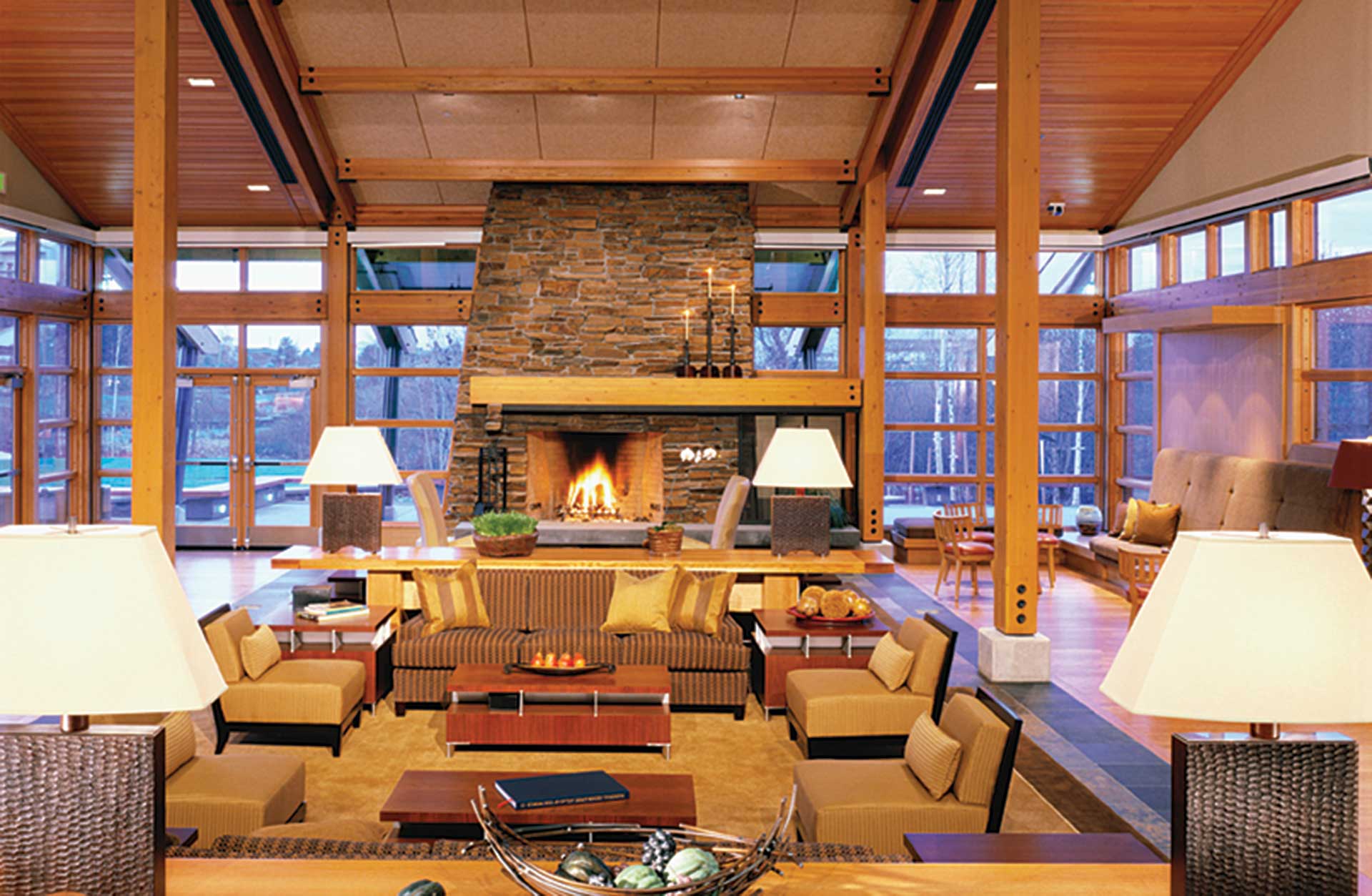 Cedarbrook Lodge lobby with fireplace