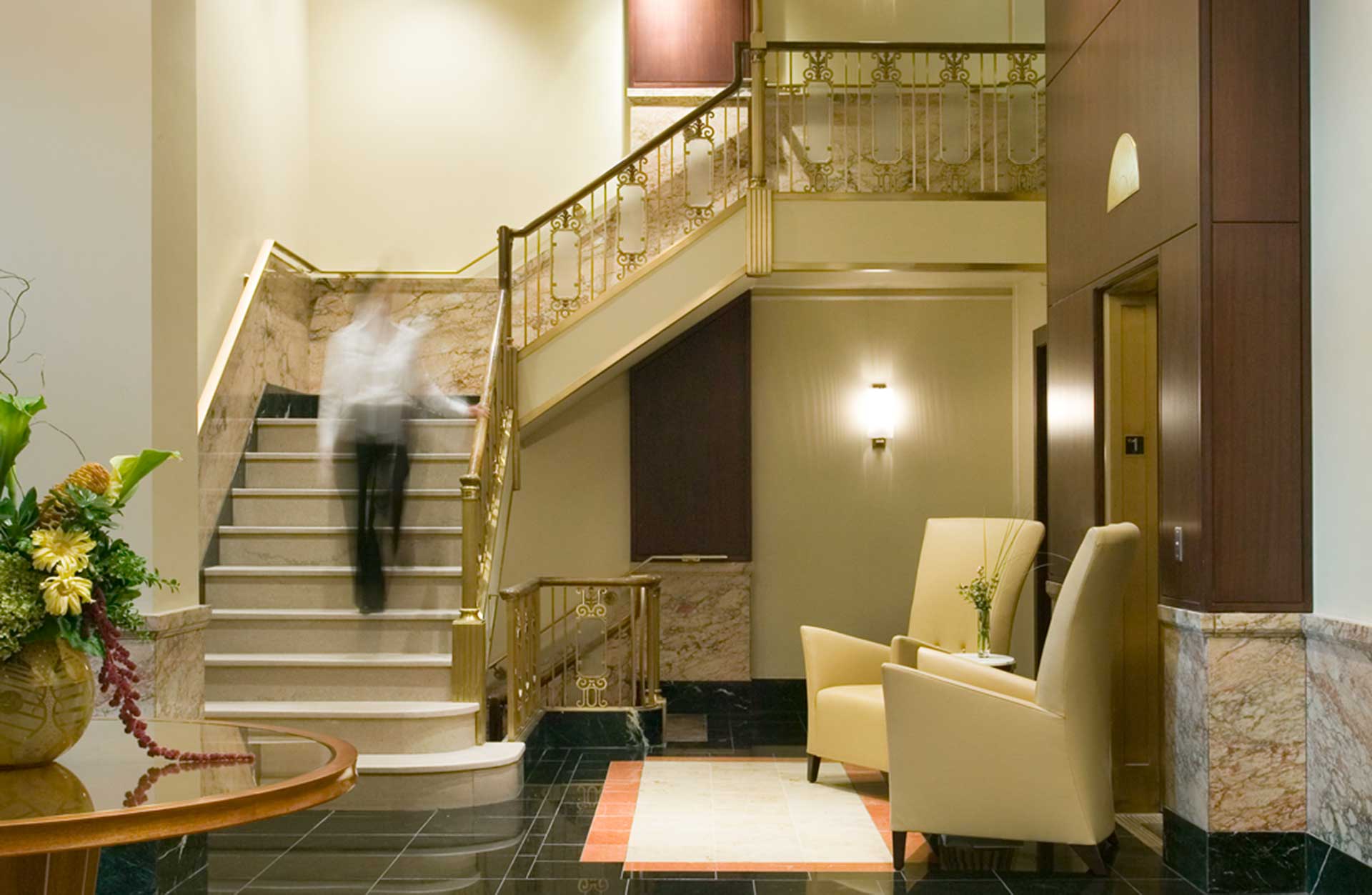 The Cobb Apartments lobby and stairs