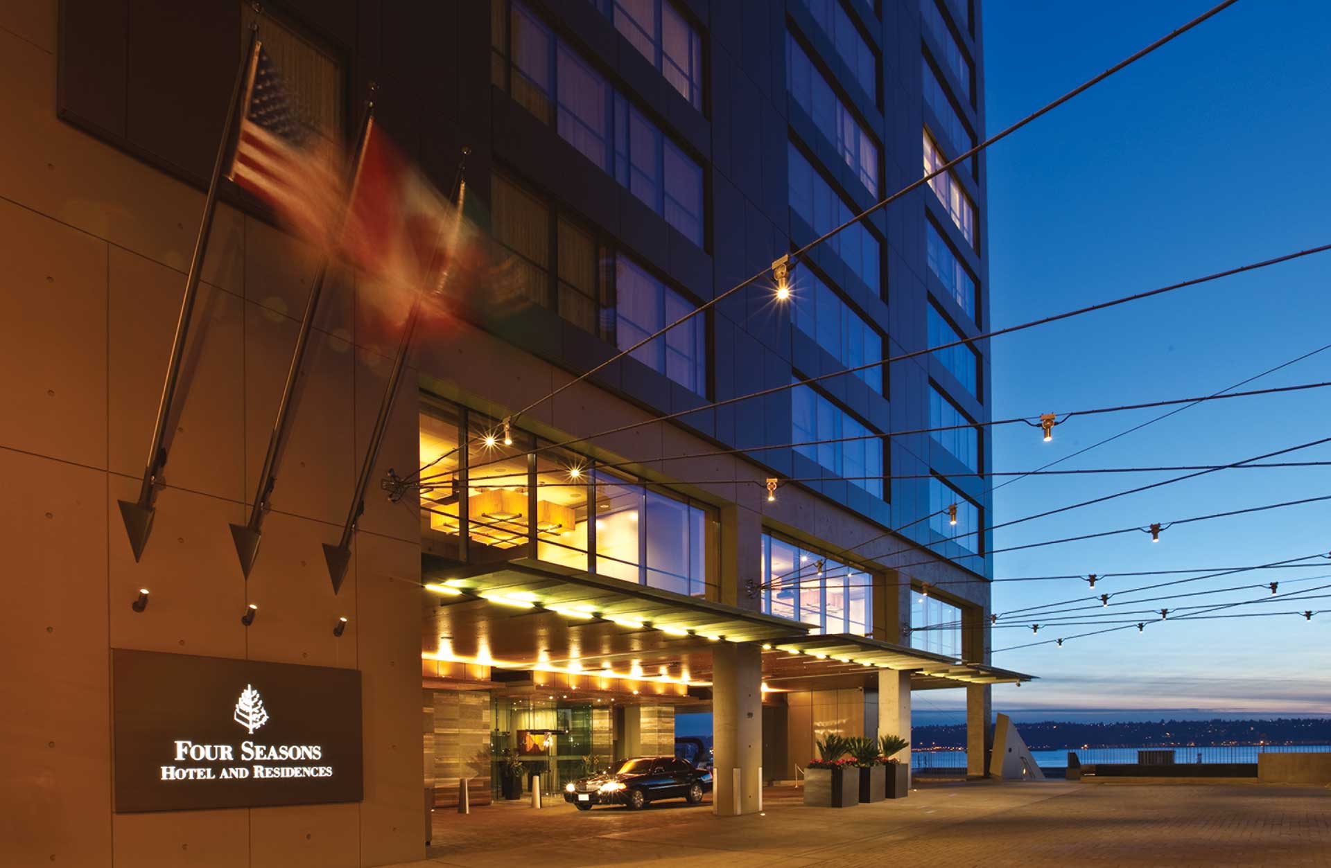 Four Seasons Hotel and Residences Seattle exterior at night