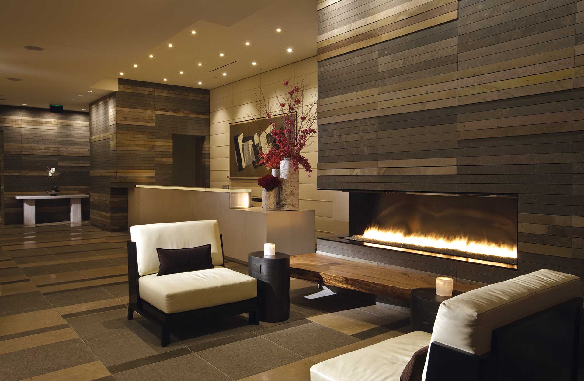 Four Seasons Hotel and Residences Seattle lobby with fireplace
